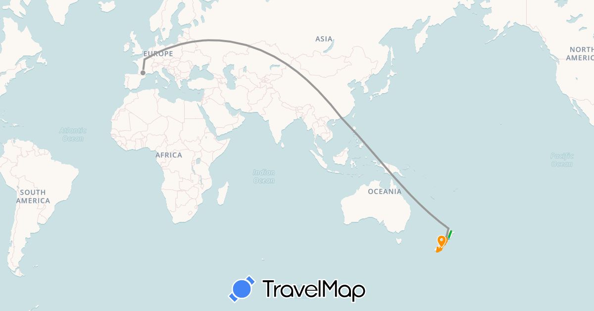 TravelMap itinerary: driving, bus, plane, hiking, boat, hitchhiking in France, Hong Kong, New Zealand (Asia, Europe, Oceania)